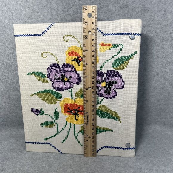 Handcrafted Greeting Card Keeper Binder Fabric Cross Stitch Pansies Organizer - Picture 7 of 16